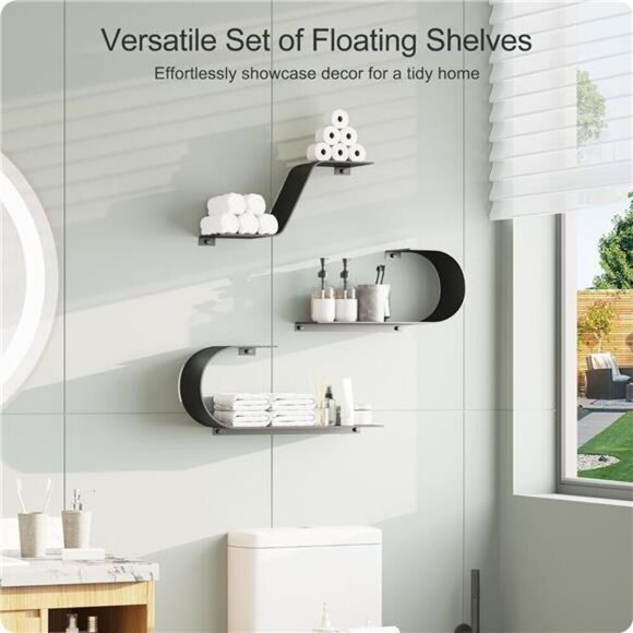 Black Metal Floating Shelves Set of 3 Wall Mounted Shelf for Home Decor - Picture 4 of 8